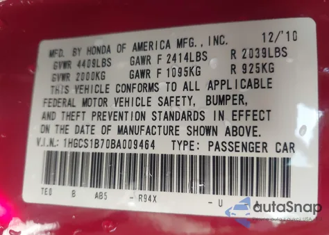 2011 Honda Accord 2.4 Ex from USA, damaged, VIN 1HGCS1B70BA009464